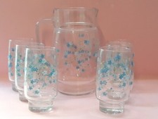 6 Bicchieri caraffa Arcopal Arcoroc FIORI AZZURRI Myosotis Veronica Verre Glass