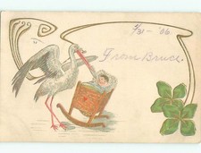 Pre-Lino CICOGNA UCCELLINO ROCCE BAMBINO IN CULLA: fai un'offerta AC5586