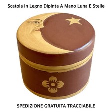 SCATOLA PORTAGIOIE Con Coperchio In Legno Tonda Tema Luna E Stelle • Vintage