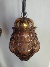 COPPIA LAMPADARI IN VETRO SOFFIATO INGABBIATO ANNI 50 MURANO VENEZIA COLOR AMBRA