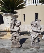 STATUE COPPIA LAMPIONI DA GIARDINO  PER ESTERNO PUTTO BIMBO IN CEMENTO MARMO H79