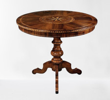TAVOLO DA PRANZO TONDO IN LEGNO PIANO INTARSIATO RICHIUDIBILE A VELA 684