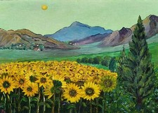 Bisi ( ?-? )  Paesaggio con girasoli , olio su tela applicata su masonite 50x70 