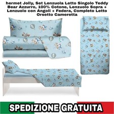 Set Lenzuola Letto Singolo Teddy Bear Azzurro, 100% Cotone, Set Completo 