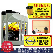 KIT TAGLIANDO OPEL MERIVA A 1.3 CDTI 69CV 75CV 2005> + 4 LITRI LT OLIO OPEL 5W30