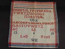 ANTICO PREZIOSO IMPARATICCIO SAMPLER RICAMO A PUNTO CROCE ROSSO BLU PRIMO 900