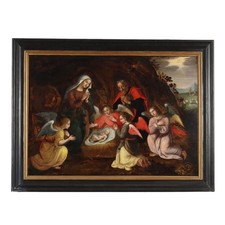 Quadro Antico Dipinto con Natività Olio su Tavola XVII-XVIII Secolo