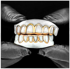 Griglie denti bocca placcate oro 14 carati personalizzate faccia aperta Grillz set superiore inferiore