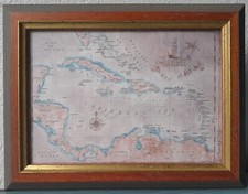 Caraibi Mappa Quadro 17 x 22 cm Vintage Stilizzato Già in Cornice