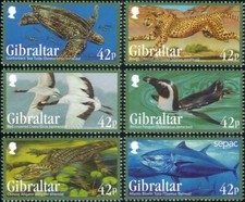 Gibilterra 2013 Pinguino Tartaruga Ghepardo Tonno Alligatore Gru Uccellini Animali 6v MNH