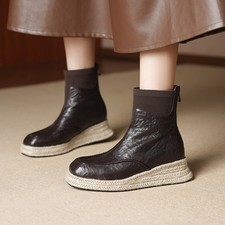 Stivaletti donna vera pelle bovina punta quadrata plateau zeppa media tacco cerniera