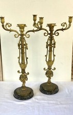 COPPIA ANTICHI CANDELABRI CANDELIERI LUMI  BRONZO E MARMO 3 FIAMME '800 FRANCIA