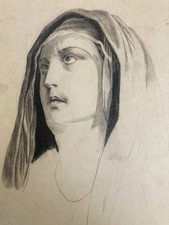 Bella Disegno Matita XIX Vergine Ritratto Cattolico Arte Antico Sposo