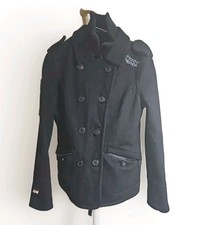 Superdry NAVY LABEL Classic Pea Coat Uomo Nero Giacca Doppiopetto Taglia S 