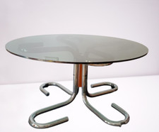 ♥ TAVOLINO BASSO DA SALOTTO VINTAGE SPACE AGE DESIGN CROMATO VETRO ROTONDO FUME