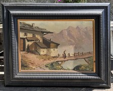 Antico quadro con cornice  -Olio su cartone - Paesaggio di montagna