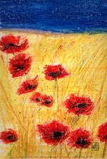 Original oil -  Oil Pastel originale  " Campo di grano  e papaveri"
