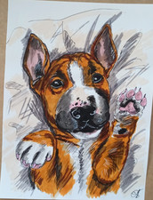 Bull Terrier cane cucciolo ritratto animale dipinto acquerello originale 8x5,5''
