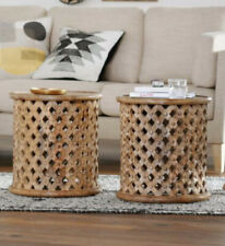 Tavolino da caffè rotondo in legno artigianale indiano reticolo legno intagliato accento tavolo