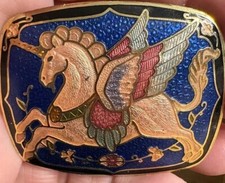 Cloisonné / (Guillochet ?) Fibbia per cintura Unicorno Pegaso (+cintura elastica blu) oro