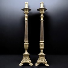 ANTICA COPPIA DI CANDELIERI CANDELABRI DA ALTARE IN OTTONE 1800 VOLTI SACRI
