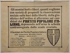 ELEZIONI POLITICHE 1919 PARTITO POPOLARE MANIFESTO CANDIDATI MILANO - PAVIA