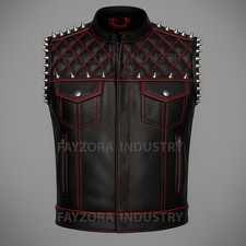 Gilet Moto Club in pelle da motociclista con punte e fodera teschio pelle bovina