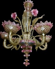 grande lampadario rezzonico, Murano rosa antico e ambra dorato  85x67 cm 6 luci