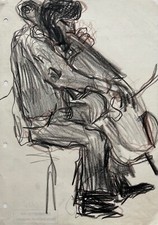 Uomo Con Violoncello Classico Schizzo Disegno Studio #127 Gerda Gundorph