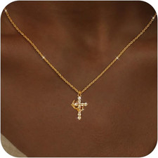 14K Gold Plated Crown Cross Necklaces for Women Christmas Gift Non Tarnish Daint
