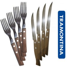 SET 24pz FORCHETTE + COLTELLI MANICO LEGNO TRAMONTINA LAMA LISCIA DA BISTECCA ..
