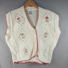 Maglione smanicato maglia popcorn Leslie Fay vintage anni 80 gilet medio petite bianco