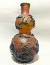 Vaso zucca animale uccellino fiori bambù rilievo smalto cinese antico marcato 10,6"