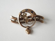 Antico Spilla Placcato in oro Mezzaluna Quadrifoglio Cuore Rimorchio 3,6 G/