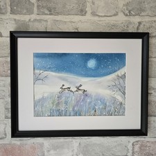 Quadro acquerello originale lepri neve luna paesaggio incorniciato