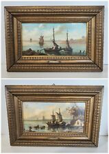 COPPIA ANTICO QUADRO olio tavola DIPINTO Ruffoni MARINA PESCATORI BARCHE A VELA