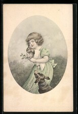 Cartolina artistica R. Kratky: la ragazza tiene in braccio i conigli 