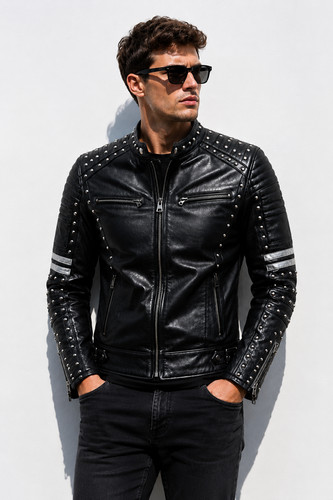 Men studded leather biker - studded,