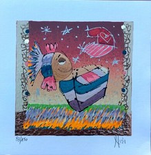 Leo Nisi Serigrafia Firmata arte Naif barca mare pesci innamorati pop art oro