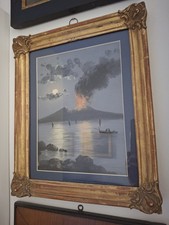 Gouache napoletana Napoli Vesuvio '800 XIX firmata MARESCA