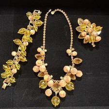 Vtg Juliana D&E Dangle Bead Rhinestone Topaz Glass Necklace Bracelet Ears Set