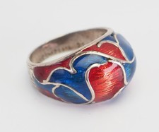 Divertimento Fatto a Mano Argento D'Epoca Blu Rosso Smalto Cupola Anello Sz 8