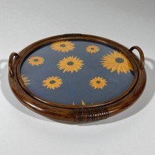 Vassoio Vintage in legno di Bambu anni 70 con tessuto Girasoli  guantiera Bamboo