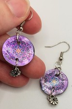 ORECCHINI MANDALA FIORI dischetto madreperla VIOLA decoupage boho chic VINTAGE.