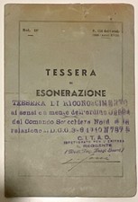DISTRETTO COLONIALE DELL’ERITREA TESSERA DI ESONERAZIONE ASMARA A.XVIII° 1940
