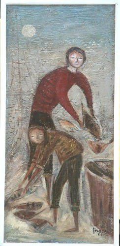 Quadro naif con pescatori