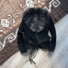 Giacca donna MNG Mango vera pelle scamosciata nera collo pelliccia sintetica M/L