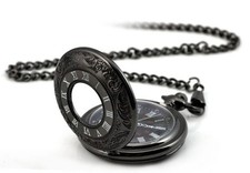 Orologio da Tasca Steampunk Retrò Nero Vintage Quarzo Ciondolo Collana Catena Regalo
