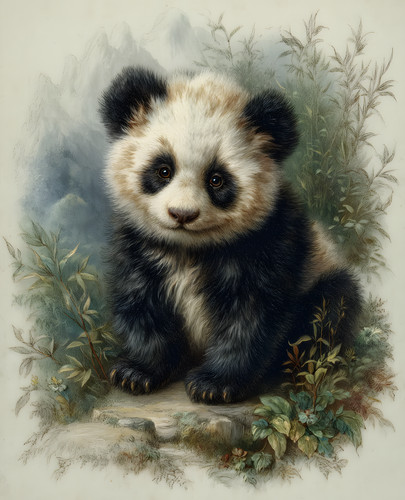 Panda cub seduto una roccia - seduto, su
