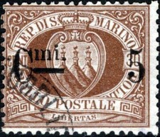San Marino - 1892 - Stemma  - cent. 5 su 30 bruno - usato - Sassone n.9